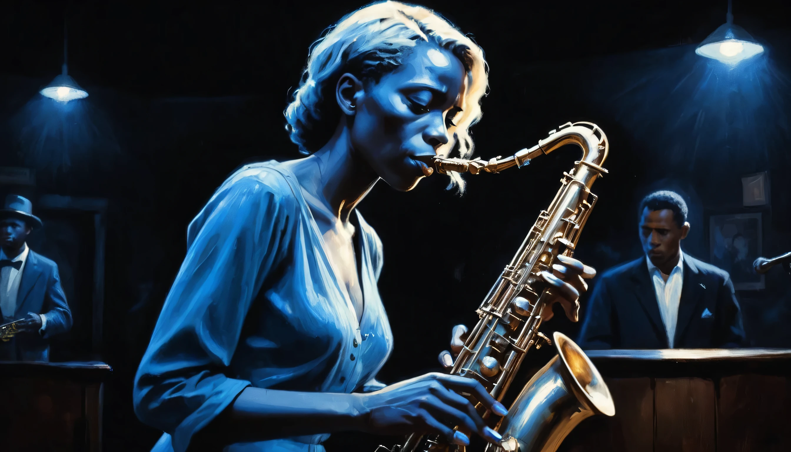 Robert Johnson, Grainy, Alabama Bar, Blue, Charismatic, figure, Black Fantasy, blonde woman, sad ending, Saxophone player