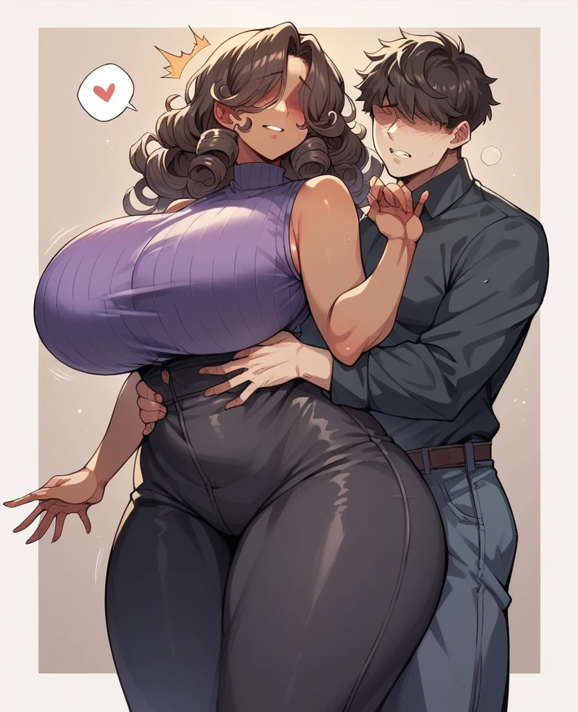 34 year old lucky mom, brown skin curly hair that covers his eyes, giant breasts, large thighs and waist, purple strap zlusite, black jumpsuit pants, esparda fucking and culiando, To a man,