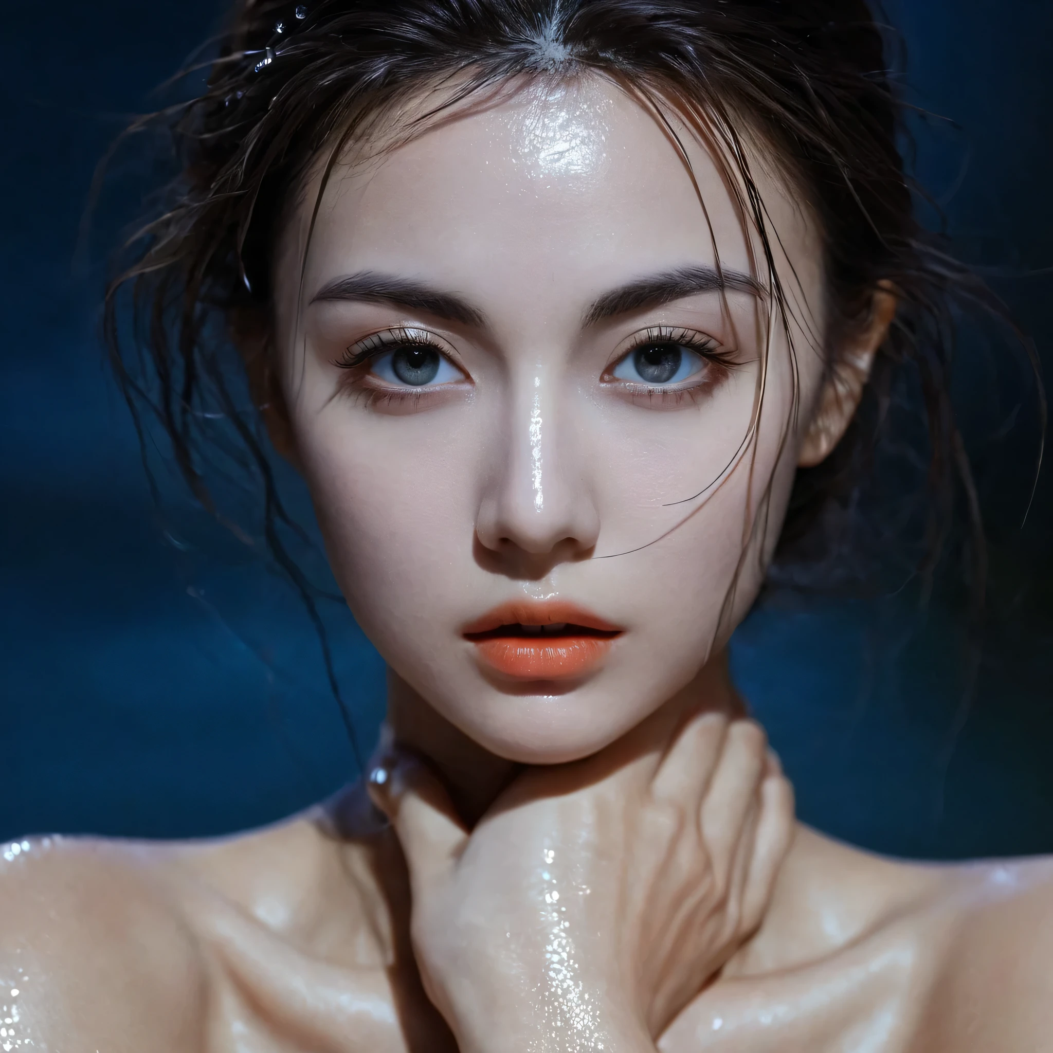 RAW shooting, 32K:1.5, highest quality, masterpiece, Ultra-high resolution), (Night outdoors, Dramatic moonlight:0.9, Mysterious World:1.2, Expressions of sadness:1.0), Side Shot, fractal art:1.3, Perfect dynamic composition:1.3, Highly detailed skin and face textures:1.3, Dynamic flow of water waves:1.3, Dynamic air flow:1.3, The subject is observed from a distance, elegant and sophisticated:0.5, Fair skin, Incredibly slim body:0.9, Very beautiful face, Water droplets on the skin, (Yoga Wear:1.3, Zazen pose 1.3, Meditation pose:1.3), Very accurate, Very detailed, Big eyes, sexy chest that exude beauty, Beautiful lips, Unreal atmosphere, Earrings, bracelet