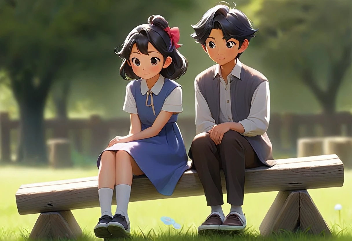 ２people、One side is down、Sitting facing each other on a seesaw、２people、[I'm facing]、present、２people、present交換、一peopleがpresentを恥ずかしそうにpresentを渡してる、presentを渡してる、presentを喜んでいる、もう一peopleが嬉しそうに喜んでいる笑顔1、garden