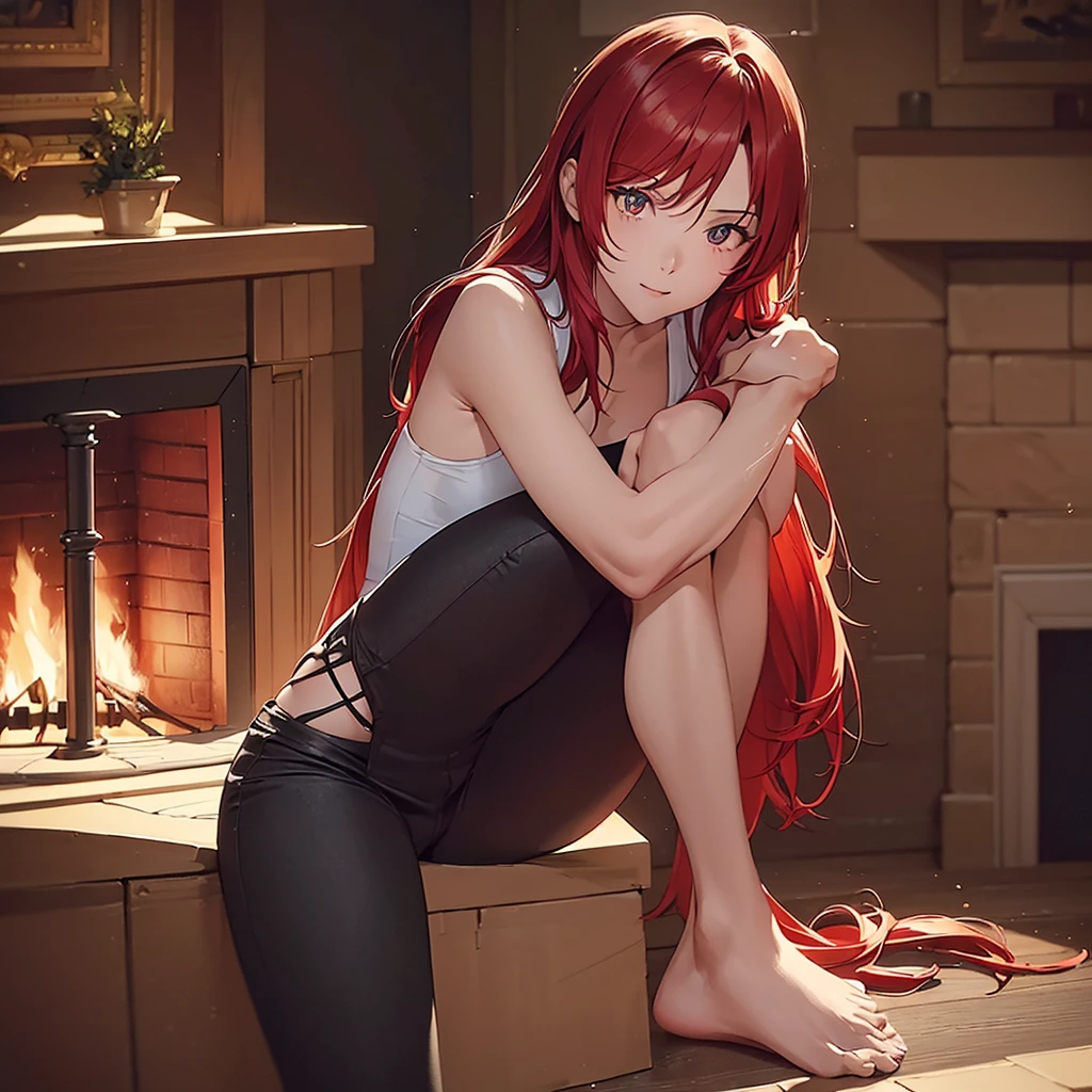 (Couple))((((Obra maestra, La mejor calidad, ultrahigh resolution)))), (long red hair in view, long hair:0.9, in frame)(glowing_eyes, luminescent eyes), (ultra detailed eyes:0.7, beautiful and detailed face, detailed eyes:0.9), ((centered)), smile, ((wide shot)), facing viewer, (((vibrant background of outside, cozy house interior with fireplace, bright lighting, summer, sunlight))),  looking at viewer, ((head, hips, elbows, arms, in view)), (19 years old), (male), Red hair, (Cerulean eyes), Spiky hair. (21 Years Old), (female), (medium breasts),(Crimson Hair), (Hime Cut, Bang) red scarf, red hoodie vest, sleeveless, black pants, black gloves, slim, up to legs, intimidating aura