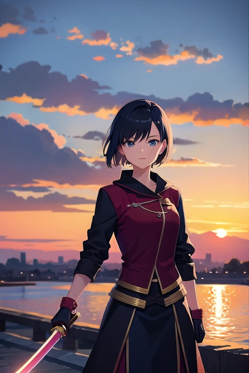 beautiful short-haired swordsman woman, sunset in the background
