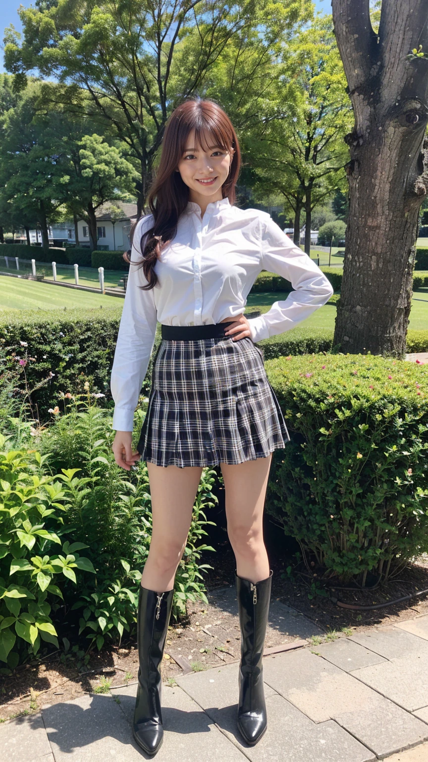 (8k、RAW Photos、Highest quality、masterpiece:1.2)、(Realistic、Realistic)、1 Girl、((shirt、suit、Black Check Mini Skirt、Frilledium Hair、smile、whole body、boots、garden、View from the front、Looking at the camera、Hands on your hips))、cute