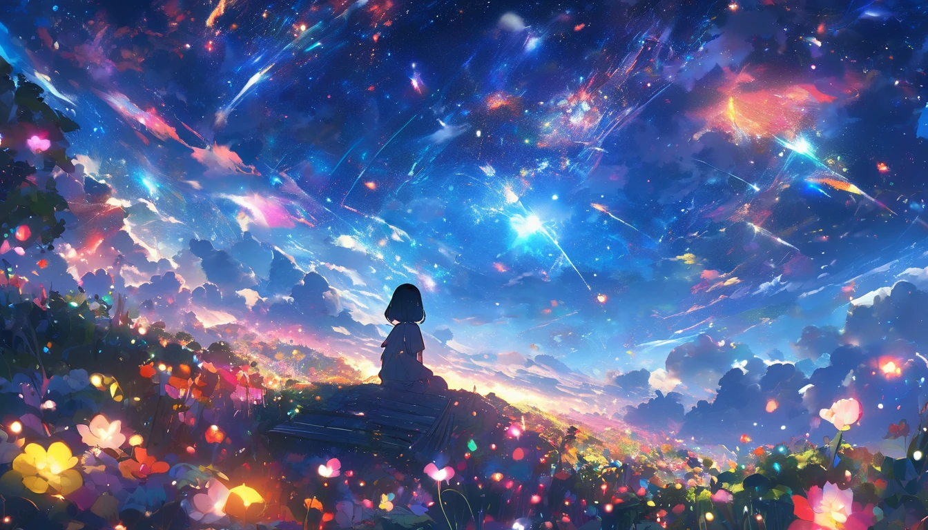 masterpiece, Concept Art, Panorama, in the center, shape, Wide Shot, garden, night, (meteor), Space galaxy background, (Great composition, Epic Scale), Dynamic Lighting, Bright colors, Blue rose,Landscape, Long eyelashes, Round eyes, Accurate, Gradient Hair, Mole under the eye, Glowing Eyes, eyeball, sad, Cast a Shadow, Anaglyph, Stereogram, tachi-e, ass pov, Atmospheric perspective, Anime Style, chromatic aberration, Cinema Lighting, reflected light, 8k, Super Detail, Highest quality, Ultra-high resolution, Attention to detail, Textured skin
