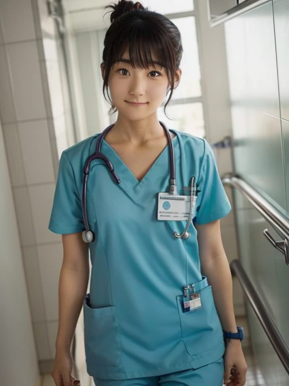 girl, alone, Bun Hair, Medical scrub、White scrub、Female nurse、Hold in hand、Short sleeve、Long trousers、Name tag, (ID card)、strap, (Stethoscope)、Hospital corridor、Warm lighting、sense of cleanliness