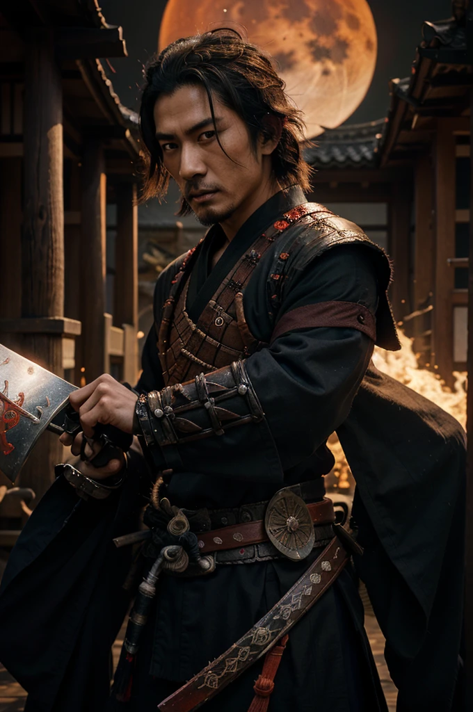 an asian man standing in front of a red moon with the words samurai on, sekiro in bloodborne world, japanese samurai, samurai, samurai movie poster, ancient japanese samurai, japanese warrior, samurai warrior, moon bull samurai, miyamoto musashi, ghost of tsushima, samurai man vagabond, afro samurai anime style, demon samurai, sekiro, demon samurai warrior, feudal japan art, samurai style, red moon, afro samurai style, samurai jedi