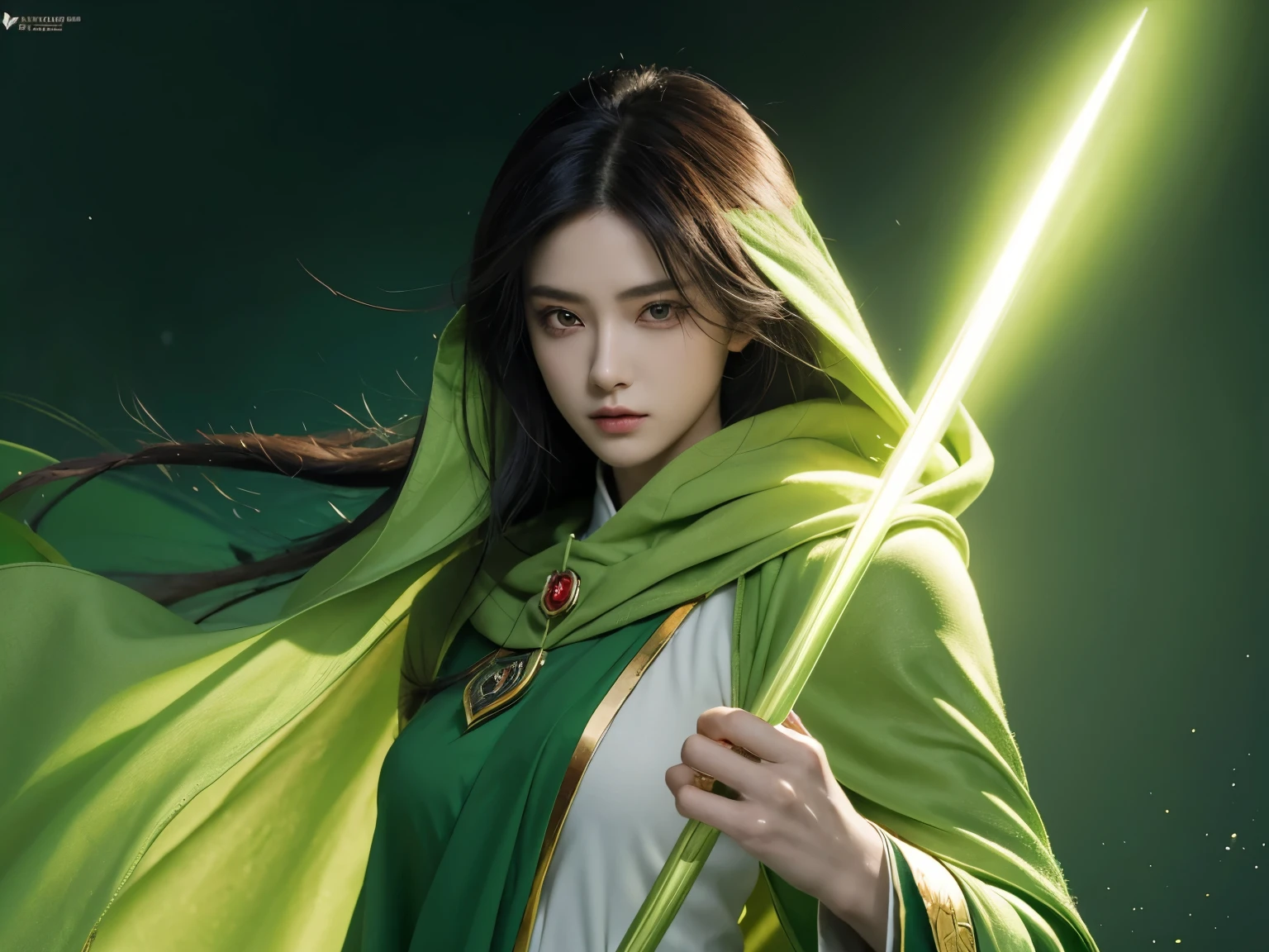 Anime style image of a woman wearing a green cape and green cloak, Casimir Art, beautiful androgynous prince, The beauty in Demon Slayer, photo of a woman, Official character illustrations, Delicate hermaphroditic prince, Inspired by kris from deltarrune, Official Art, Official Character Art, Dressed like a priest