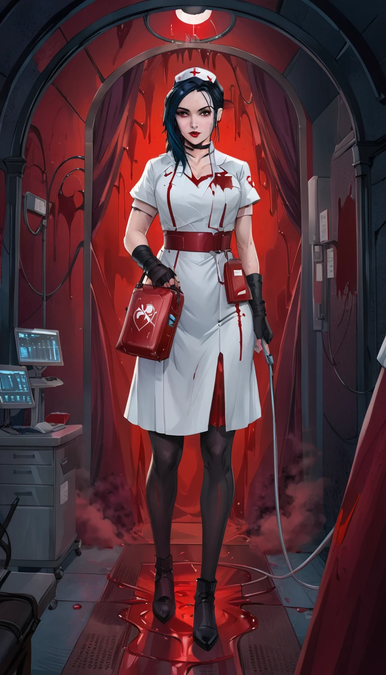 a picture of vampire nurse in a dark hospital, goth hospital, exquisite beautiful nurse, ((full body shot: 1.5)), ((anatomically correct: 1.5)), (ultra detailed face: 1.2), pale skin, dynamic hair style, dynamic hair color, wearing white silk nurse robes, white skirt,(holding blood transfusion bag: 1.3), BloodSoakedAI,  goth hospital background, dark fantasy art, goth art, Hyperrealism style, vibrant, Ultra-high resolution, High Contrast, (masterpiece:1.5), highest quality, Best aesthetics), best details, best quality, highres, ultra wide angle, 16k, [ultra detailed], masterpiece, best quality, (extremely detailed) RAW, BloodSoakedAI, valorant art style