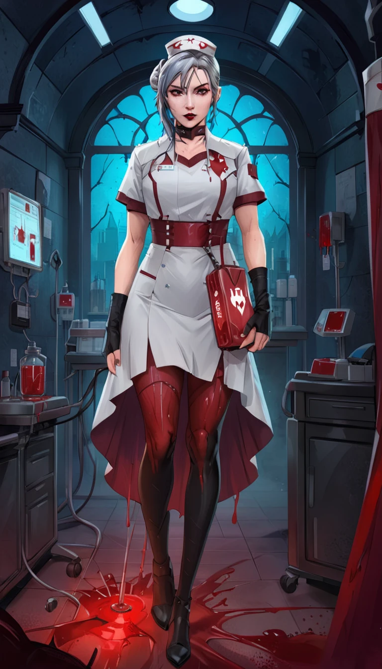 a picture of vampire nurse in a dark hospital, goth hospital, exquisite beautiful nurse, ((full body shot: 1.5)), ((anatomically correct: 1.5)), (ultra detailed face: 1.2), pale skin, dynamic hair style, dynamic hair color, wearing white silk nurse , white skirt,(holding bloodsfusion bag: 1.3), BloodSoake goth hospital background, dark fantasy art, goth art, Hyperrealism style, vibrant, Ultra-high resolution, High Contrast, (masterpiece:1.5), highest quality, Best aesthetics), best details, best quality, highres, ultra wide angle, 16k, [ultra detailed], masterpiece, best quality, (extremely detailed) RAW, BloodSoakedAI, ant art style