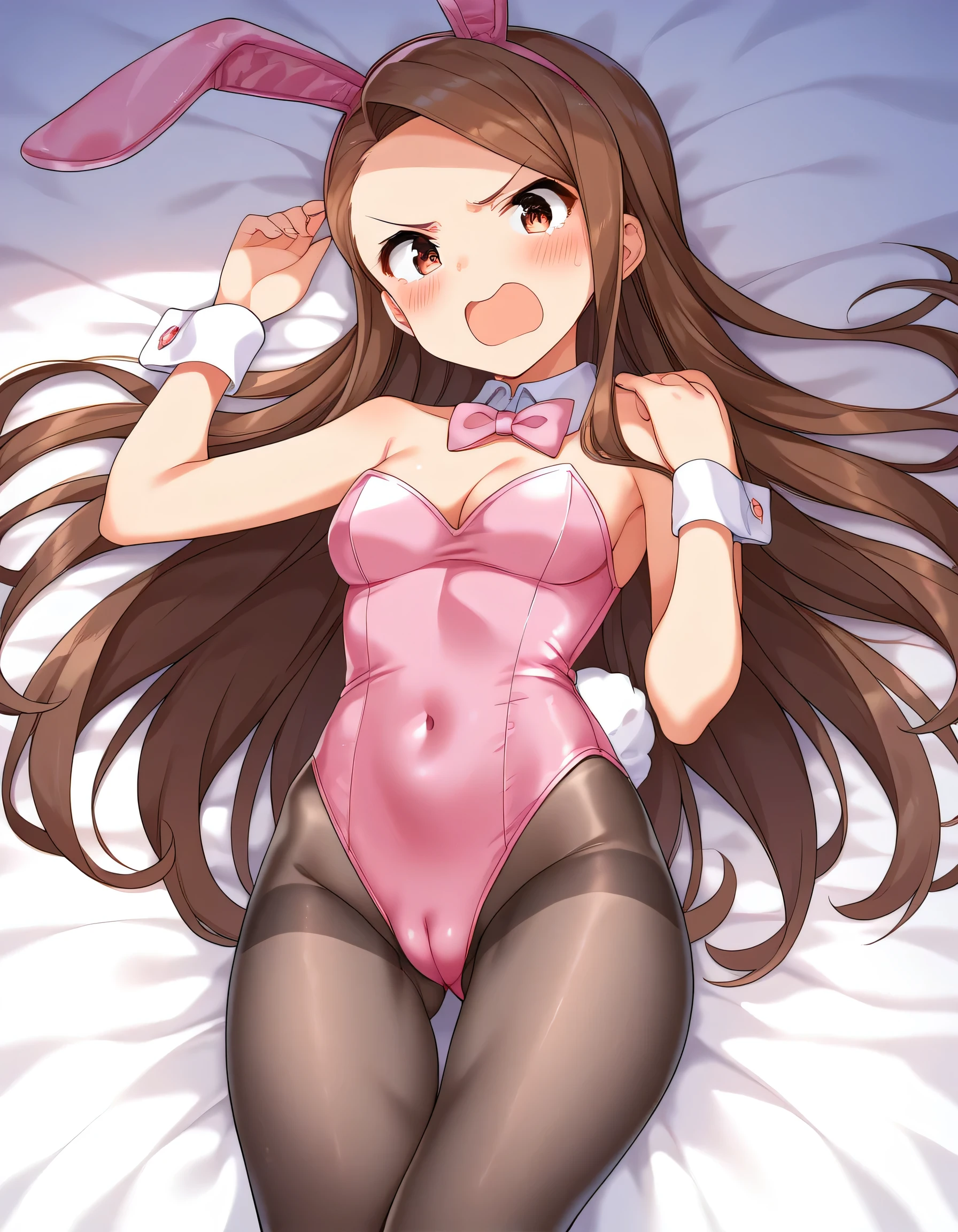 Minase Iori, score_9, score_8_superior, score_7_superior, sauce_anime, One girl, alone, whole body, From the back, One girl,alone,Glowing Skin, 大きいベッドのsuperior:1.3, Lying down, Glossy buttocks, cute, ブレークsauce_anime, CG, ,Dark brown hair, Pink rabbit ears, blush, Open your mouth, Embarrassed and a little angry face, Detachable white collar, Pink bow tie, clavicle:1.2, Exposing shoulders:1.8, Cleavage Bust 77cm, Height: 153cm, Pink strapless leotard:1.9, Shiny leotard:1.7, leotard bites into her buttocks:1.9, Pink Playboy Bunny, White wrist cuffs, High leg:1.9, Thong:3.5, White rabbit tail, She wears black pantyhose under her leotard:1.9, Shiny Pantyhose:1.7, Pink pin heels, View your viewers, Luxury, camel toe:1.1