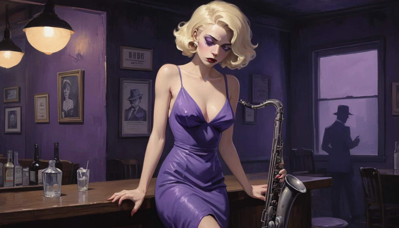 robert johnson, gritty, alabama bar, blue note, charismatic , purple dress, illustration, noir fantasy, lone blonde lady, sad ending, saxophonist