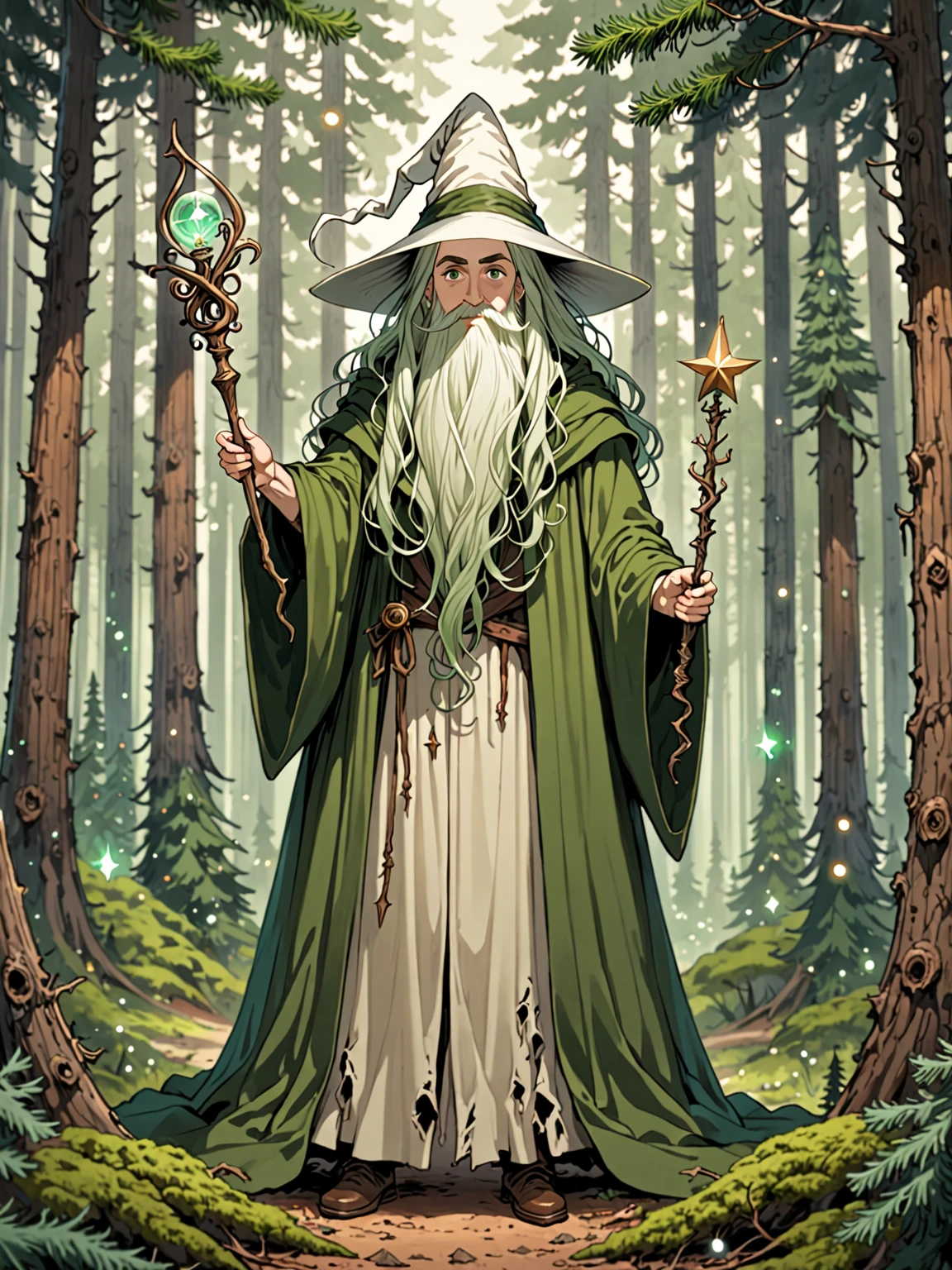 solo, tiny male, simple oversized green robe, wizard, white conic hat, long beard, whimsical, pine forest, wand, extremely long and bushy eyebrows, knowing smile, tattered clothes