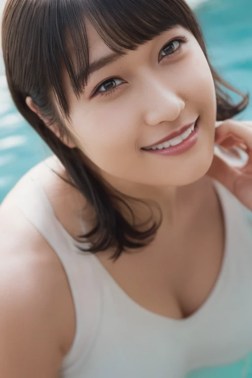 gorgeous woman, 1 girl, white one-piece swimsuit:1.2, skinny, healthy, perfect body:1.2, abs:1.1, dark brown hair:1.1, rain wet, wet body:1.2, night pool room:1.6, ultra-detailed face, detailed lips, detailed eyes, double eyelids, pubic hair, black skin, trimmed bangs, shy smile, (best quality,8k,masterpiece:1.3)