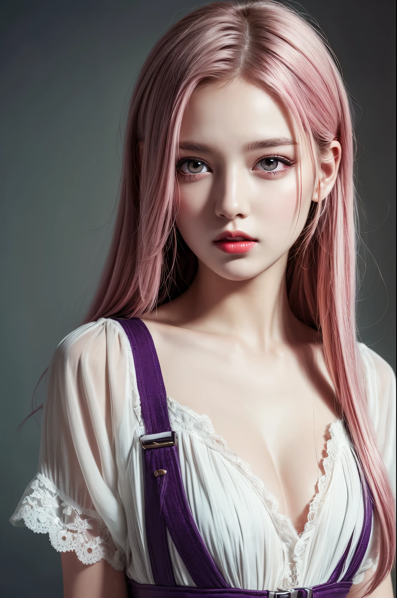 (best quality,8k,High resolution,masterpiece:1.2),Digital artwork, a girl,Detailed face,delicate eyes,Pink hair,long, straight hair,bright purple eyes,red lips,Suspenders
