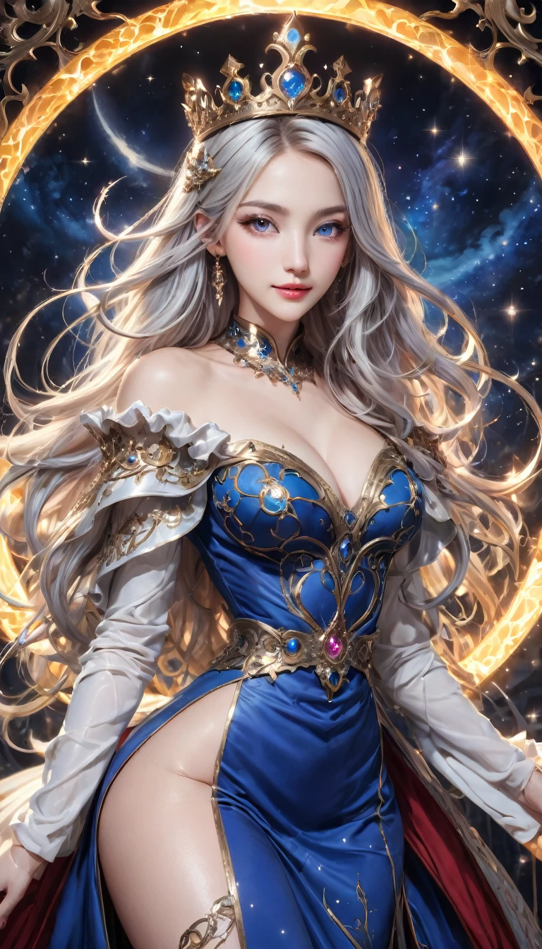 8K resolution, masterpiece, Highest quality, Award-winning works, unrealistic, From above, erotic, sole sexy lady, healthy shaped body, 22 years old, black mage, 165cm tall, huge firm bouncing busts,, white silver long wavy hair, Detailed facial depictions, BREAK, Mysterious blue eyes, Standard nose, Eyeliner, pink lips, sexy long legs, Clear skin, holy knight, Gothic ruffle long dress, A dress with a complex structure, Seven-colored colorful dress, Clothed in flames, royal coat of arms, elegant, Very detailed, Delicate depiction of hair, miniature painting, Digital Painting, art station concept art, Smooth, Sharp focus, shape, art jam、Greg Rutkowski、Alphonse Mucha's、William Adolphe Bouguereau、art:Stephanie Law , Royal Jewel, nature, Symmetric, Greg Rutkowski, Charlie Bowwater, Unreal, surreal, Dynamic Lighting, Fantasy art, Complex colors, Colorful magic circle, flash, A kind smile, Mysterious Background, Aura, A gentle gaze, BREAK, Small faint lights and flying fireflies, night, lanthanum, From above, looking down on the world below, Starry Sky, milky way, nebula, shooting star、((squat:1.3、M-shaped legs:1.3))