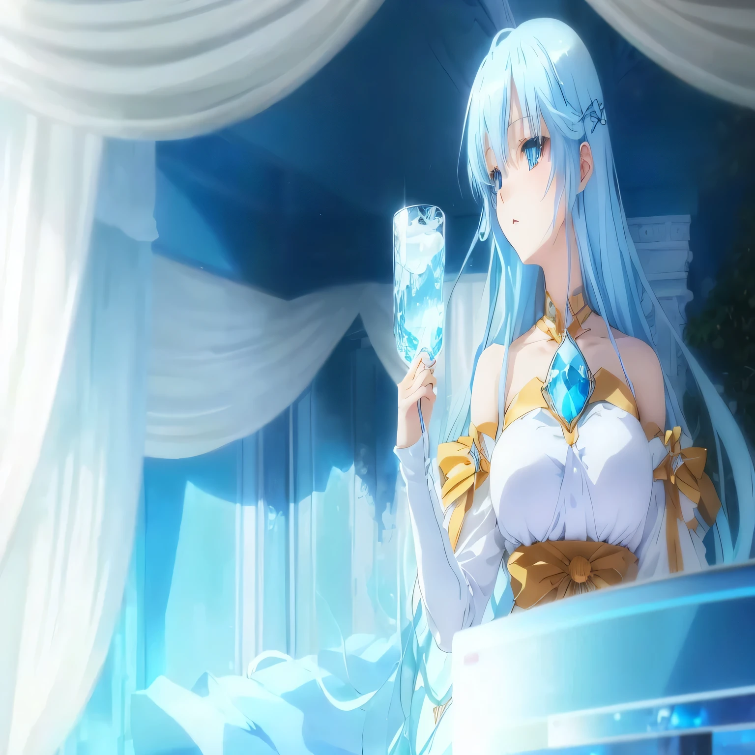 Anime girl with blue hair holding a glass of water, Witch casting ice ball, blue water anime wallpaper, Still from the TV anime, Today's featured anime is still there., The official anime still exists., white haired god, ethereal anime, Rei Hino plays the role of Princess, Anime stills, Screenshots from anime movies, The official anime studio continues., Reincarnated as slime