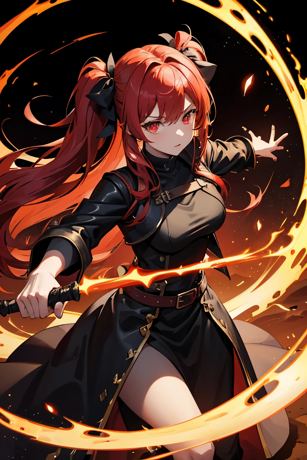red hair in pig tails, mage, dark aura, glowing effects, cinematic, dark clothes, determined face, 1 girl, magic attack, striking hero pose from above, masterpiece, age 20, mystical being, holding a staff in right hand(long, golden, glowing effect), long black leather jacket, light red eyes.