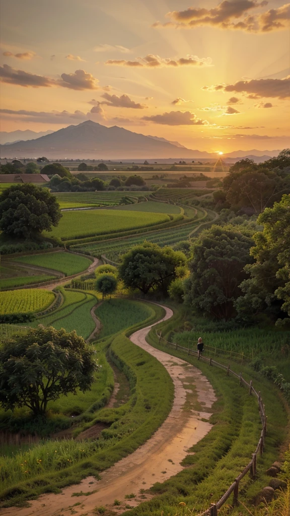 Create an image featuring a serene rural landscape during sunset. The setting includes a dirt path leading through lush green rice fields. A single tree stands prominently beside the path, and a bicycle is parked under the tree. In the background, there are rolling mountains with the sun setting behind them, casting a warm golden glow over the scene. The sky is filled with soft hues of orange and blue, suggesting a peaceful end to the day.
