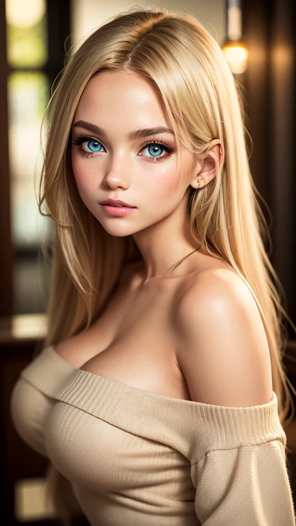 (best quality, 4k, highres, highres face details), Irish girl aged 16 yrs old, 1girl, solo, strawberry blonde hair, long hair, parted bangs, grey eyes, constricted pupils, slim build, (textured skin, skin pores:1.1), large breasts, pale skin, colorful makeup, perfect nose, thin lips, fake lashes, pretty face, cute face, wearing an off the shoulder yellow sweater, cinematic lighting, Ultra-Wide Angle, Canon, Hyperrealism, UHD, masterpiece, textured skin, realistic water texture, high details, best quality, detailed eyes, detailed iris, whole body photo, posing for the camera