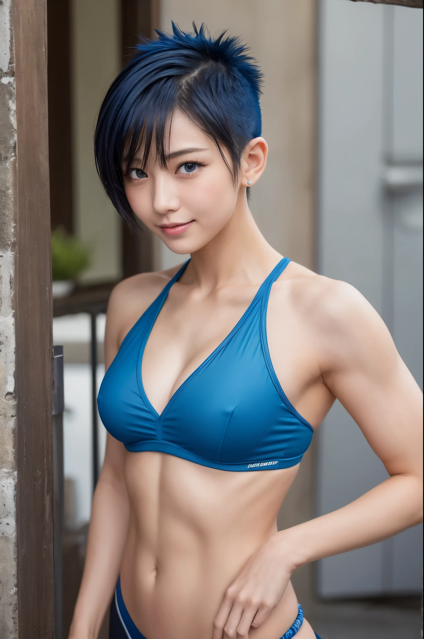 8k,非常に大きな胸と非常に大きな胸を持つアラフィフのwoman, Very detailed, so beautiful(Like the real thing),Shining Eyes,Pale skin(Ultra-Realistic Skin),smile,Muscular and macho、そしてスレンダーボディの悪魔のようなwoman,Short blue mohawk(Blue Shorthair),woman&#39;My abdominal muscles are severely torn,Fan Art Best Art Station, うわー and Types of bacteria,  Types of bacteria, 2. 5d cgi anime Fantasy artwork, High quality and detailed art, Up to the model ,Photorealistic RAW photos of the highest quality。so beautiful(Like the real thing顔) Bright colors、完璧なwomanのイメージ,Art Station Trends、masterpiece、Fantasy art、Ultra-high resolution,,Mr..々Pause,charm,sexy,Rich colors, Backlight, Cinema Lighting, Film Grain, to be born, 50mm lens, Nikon D850,compensate,Blue and white Arabian breastplate(Detailed Coat of Arms),In front of the ruins in the forest,View your viewers,Numerous tattoos all over the body(Accurate tattoo details),,Lean and muscular lower body,Blue and white sarouel pants,Big eyes,Muscular Beauty,Bodybuilding,