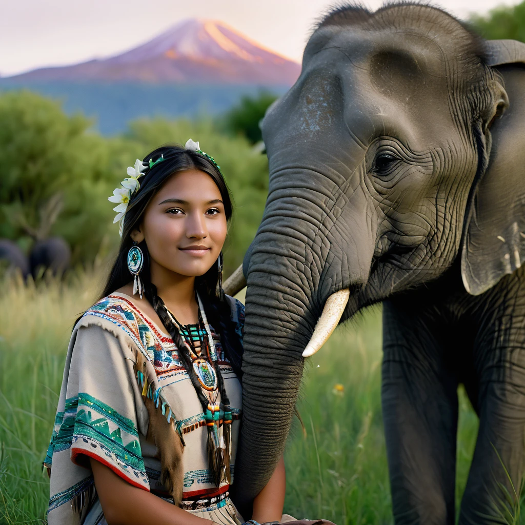 (grainy:0.5), cinematic, beautiful girl 25 year old,native american,fantasy,(solo:1.3), detailed eyes, detailed face, detailed native american clothing , volumetric lighting, dusk, extremely detailed background, standing next to green grass, trees, mountains, flowers smiling, half closed eyes, tilted head, from side, sitting next to her elephant