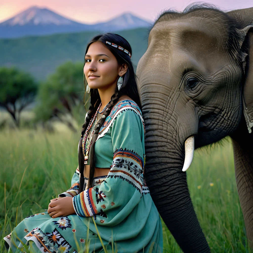(grainy:0.5), cinematic, beautiful girl 25 year old,native american,fantasy,(solo:1.3), detailed eyes, detailed face, detailed native american clothing , volumetric lighting, dusk, extremely detailed background, standing next to green grass, trees, mountains, flowers smiling, half closed eyes, tilted head, from side, sitting next to her elephant