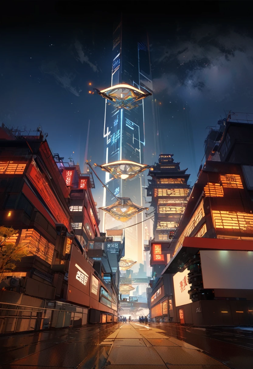 science and technology感的近现代future城市，There are office buildings and commercial areas，远处是一栋中国元素的science and technology大楼，Chinese aesthetic，future，science and technology，Refer to Chang&#39;an City in King of Glory，Exquisite，Accurate structure，Light and Shadow，High quality comic scenes，
