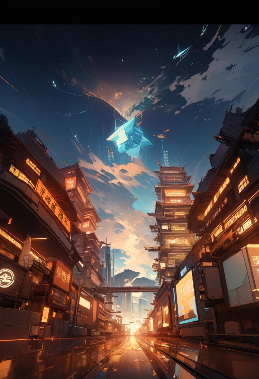 science and technology感的近现代future城市,There are office buildings and commercial areas,远处是一栋中国元素的science and technology大楼,Chinese aesthetic,future,science and technology,Refer to Chang'an City in King of Glory,Exquisite,Accurate structure,Light and Shadow,High quality comic scenes,