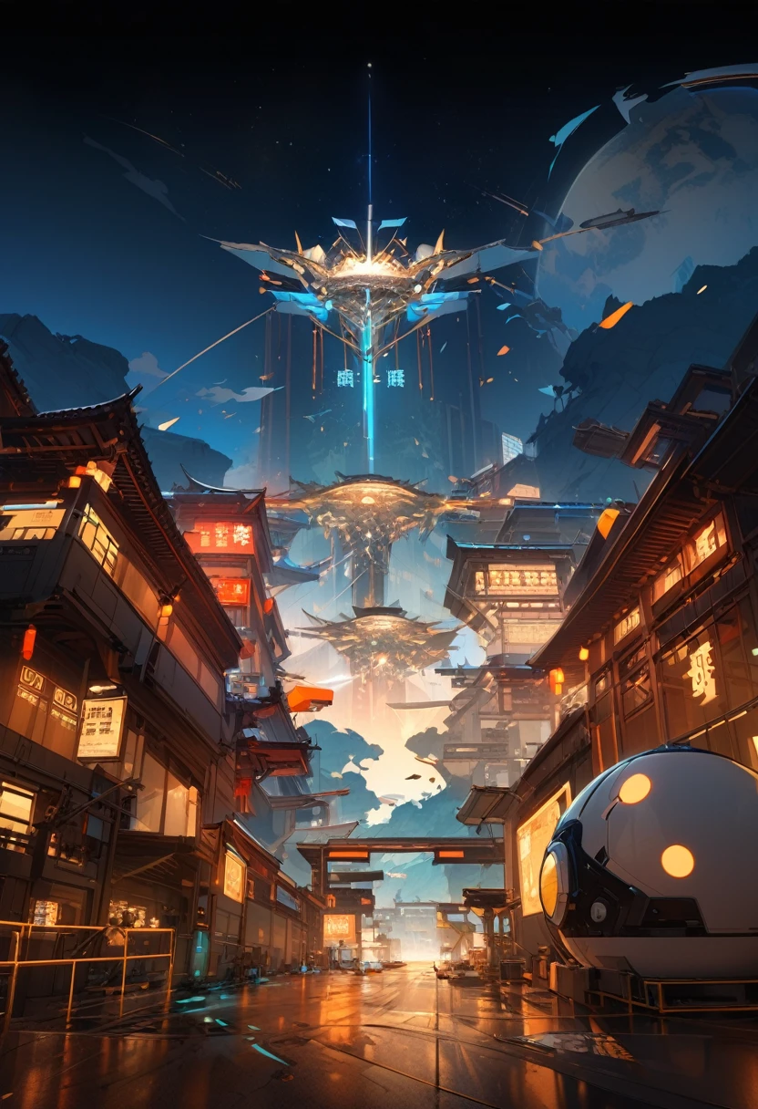 science and technology感的近现代future城市,There are office buildings and commercial areas,远处是一栋中国元素的science and technology大楼,Chinese aesthetic,future,science and technology,Refer to Chang'an City in King of Glory,Exquisite,Accurate structure,Light and Shadow,High quality comic scenes,