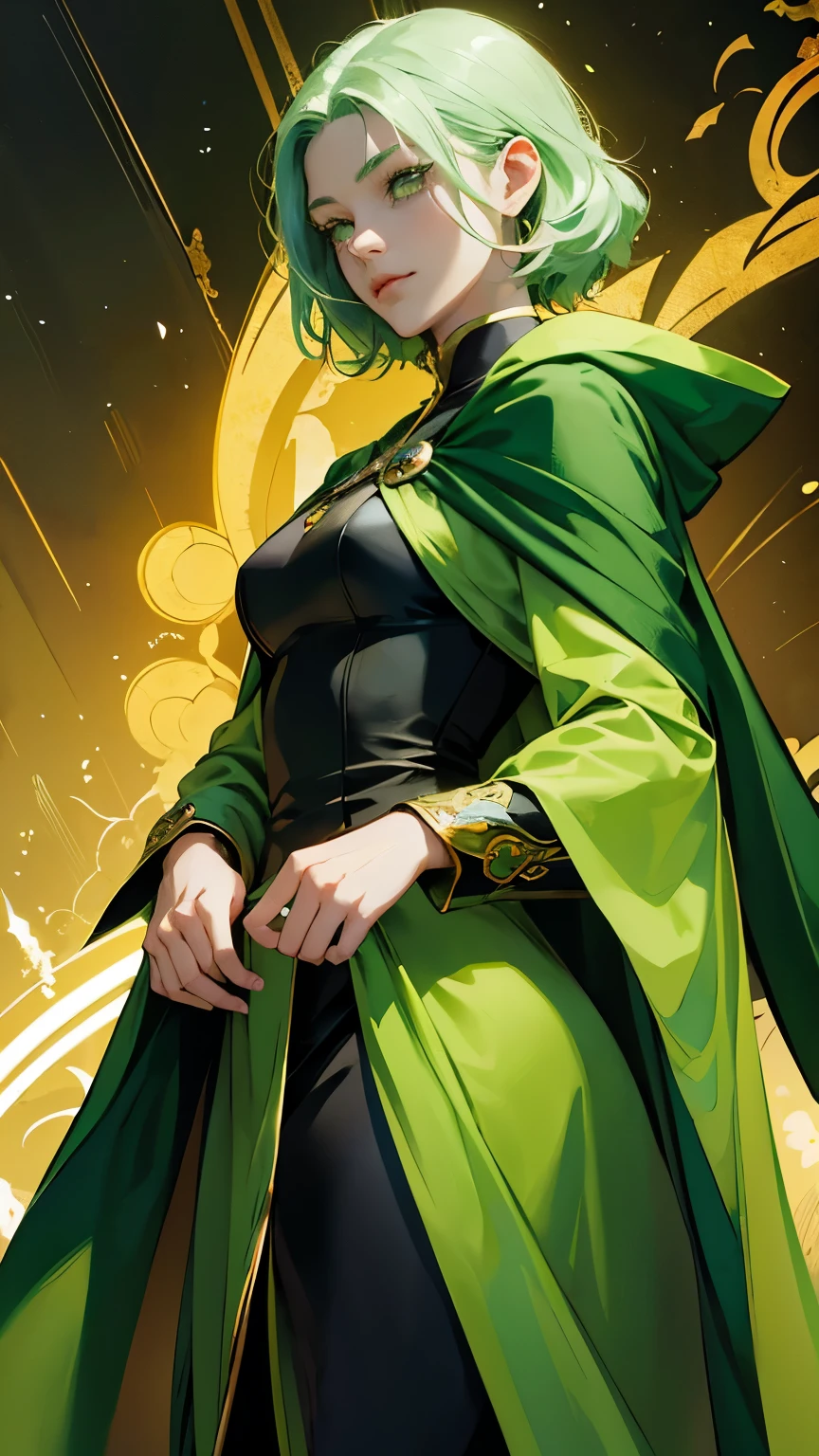 Anime style image of a woman wearing a green cape and green cloak, Casimir Art, beautiful androgynous prince, The beauty in Demon Slayer, photo of a woman, Official character illustrations, Delicate hermaphroditic prince, Inspired by kris from deltarrune, Official Art, Official Character Art, Dressed like a priest