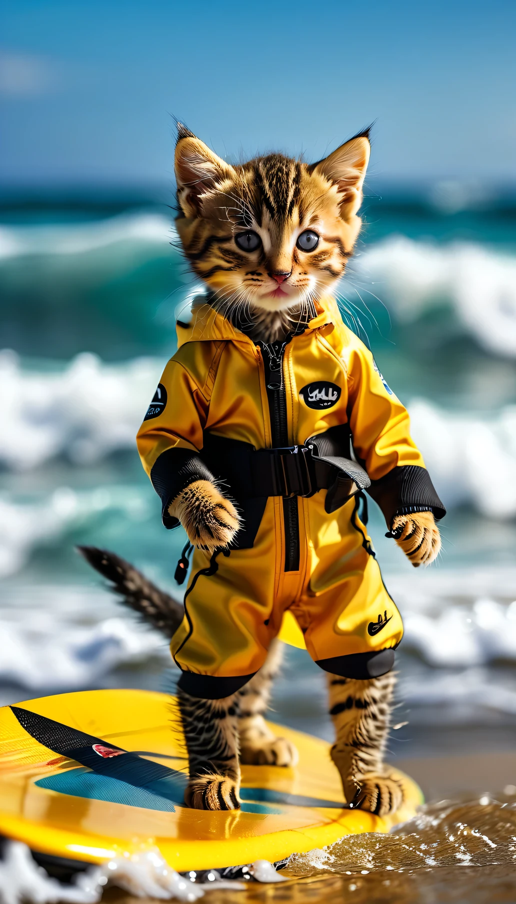 ((8k)), highest quality, 超High resolution, (High resolution), Kitten wearing surfwear, I'm surfing, Ocean, Riding the Wave,Wave Splash
