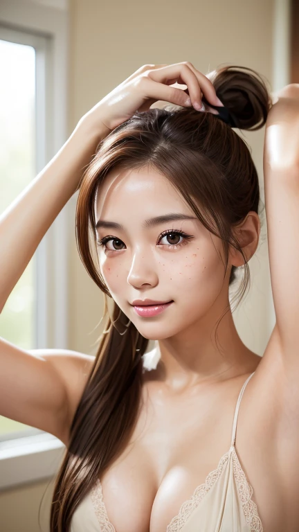 (masterpiece:1.3), (Photorealistic, RAW Photos, Highest quality: 1.4), Skinny Japanese woman, 23 years old, (One Girl), (A vivid face), Detailed face, Detailed eye resolution, (Brown hair, forehead、ponytail:1.3), (Realistic Skin), (topless), Ultra-high resolution, Surreal, High definition, freckles、Small breasts、Cleavage、smile:1.1、Raise your arms up、Armpits