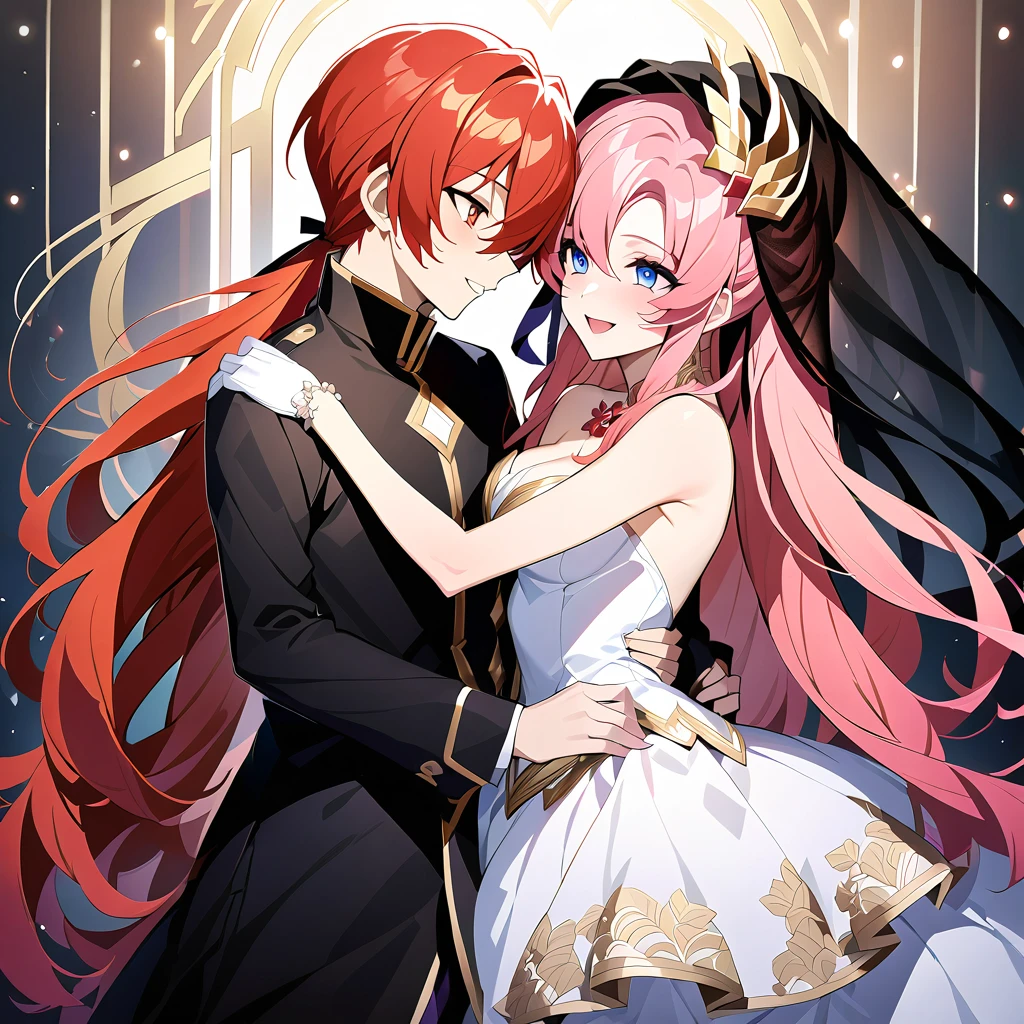 ((Highest quality)), ((masterpiece)), (detailed), （Perfect Face）、The woman is Lacus Clyne, with blue eyes, medium-long pink hair, a hair accessory, and an engagement ring. She is the beloved wife of Orpheus Ram Tao and the queen of the Foundation.、The woman is an evil queen wearing a black vintage wedding dress with gorgeous gold embroidery and trim, a black wedding veil, and gorgeous accessories.、She is deeply connected in mind and body to her destined partner, Orpheus Lam Tao, and they are a married couple bound by deep bond and affection, loving each other and staying close to each other.