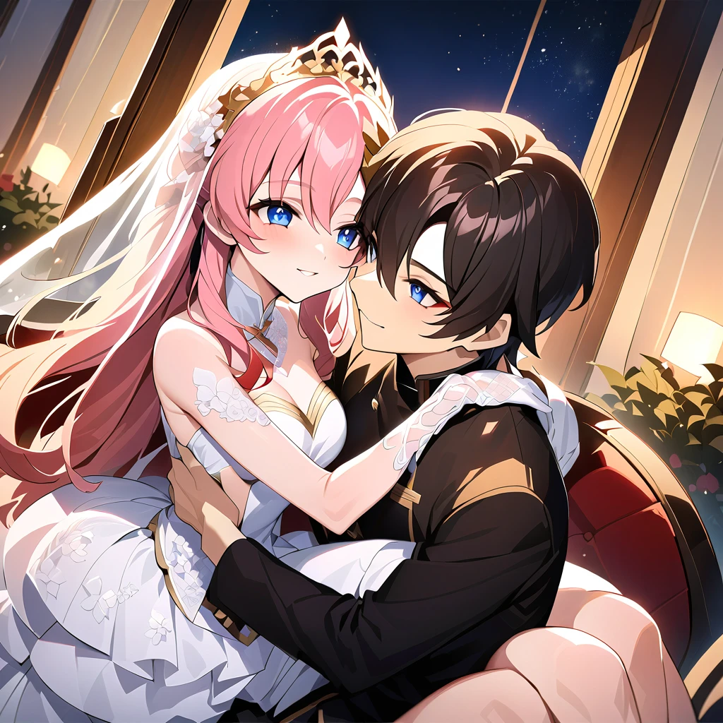 ((Highest quality)), ((masterpiece)), (detailed), (Perfect Face)、The woman is Lacus Clyne, with blue eyes, medium-long pink hair, a hair accessory, and an engagement ring. She is the beloved wife of Orpheus Ram Tao and the queen of the Foundation.、The woman is an evil queen wearing a black vintage wedding dress with gorgeous gold embroidery and trim, a black wedding veil, and gorgeous accessories.、She is deeply connected in mind and body to her destined partner, Orpheus Lam Tao, and they are a married couple bound by deep bond and affection, loving each other and staying close to each other.