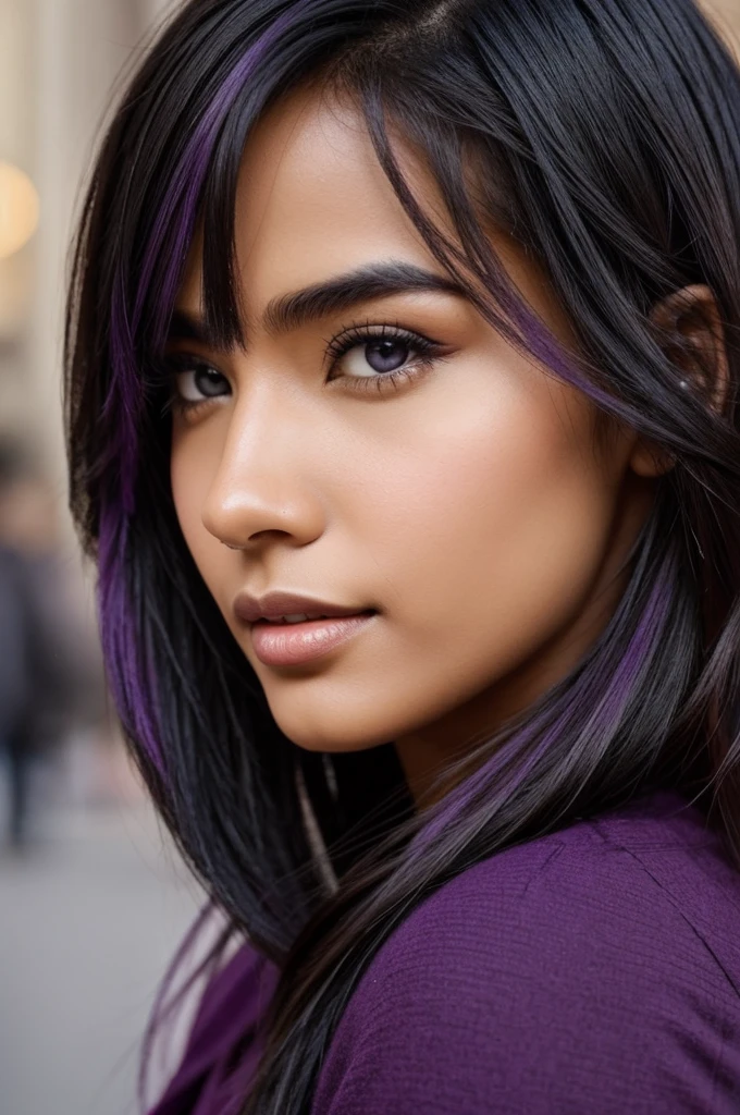 Create a community of people around you and highlight a person with black hair, brown skin and purple eyes.