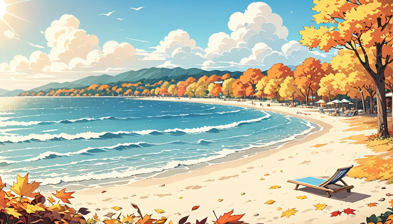 ((A landscape image)), ((Art style)), ((Beach)), ((Focus on yellow colors)), (sunny afternoon)), ((Autumn))