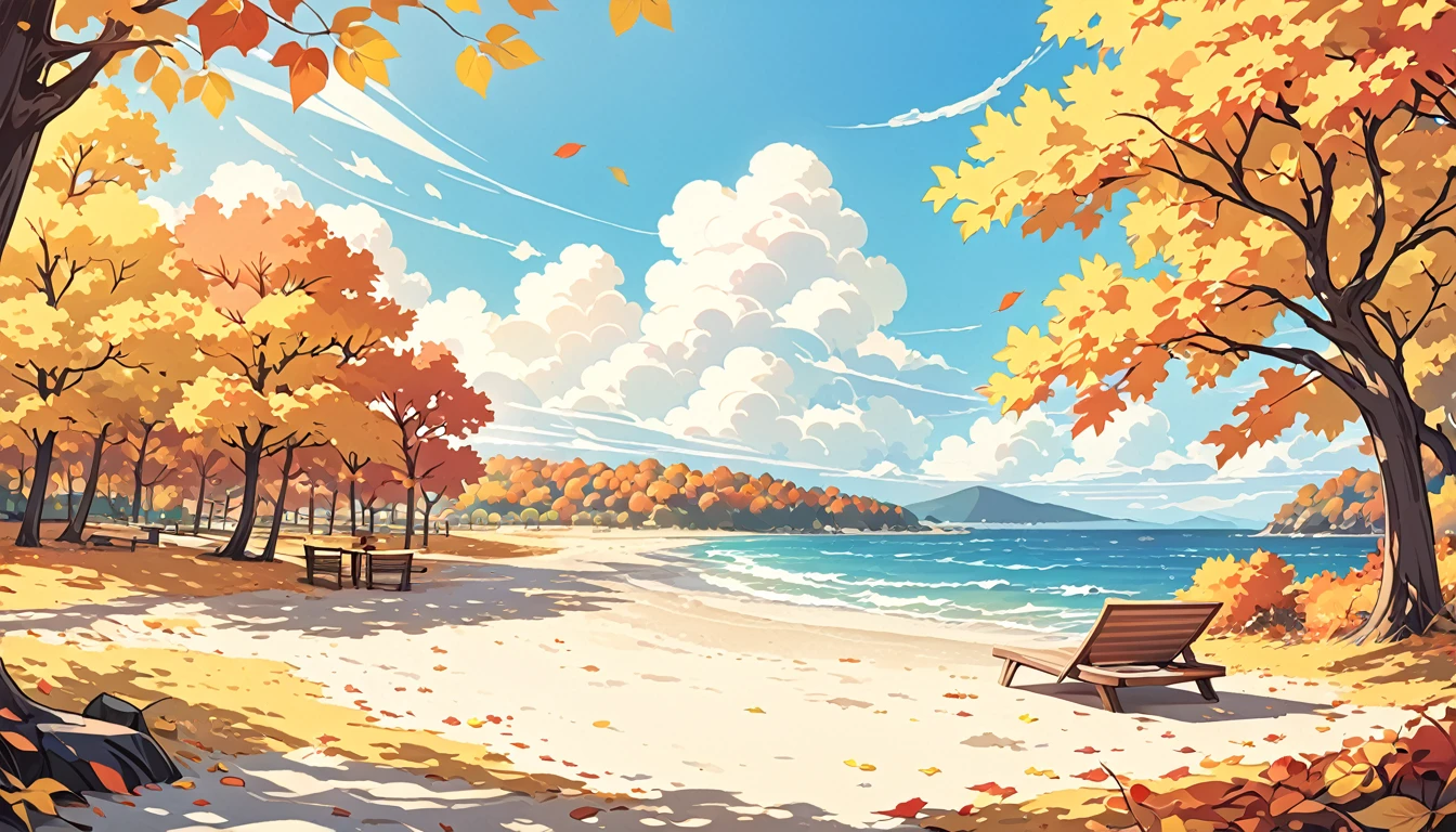 ((A landscape image)), ((Art style)), ((Beach)), ((Focus on yellow colors)), (sunny afternoon)), ((Autumn))