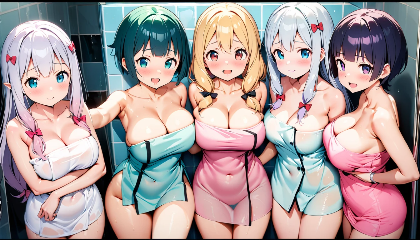 symmetrical_docking, 5girls, (1girl, Izumi Sagiri, eromanga sensei_1girl, Senju Muramasa, eromanga sensei_1girl, yamada elf, eromanga sensei, docking), (Aesthetic Anime Eyes ,tareme), (curvy),Slender,large breasts, perfect shiny skin, (Naked Towel, (see-through Naked Towel, 粘着性のあるNaked Towel)), cleavage embarrassing, blush, Lovely, Close one eye, What saliva leaves behind, Shower room, Highest quality, Super detailed, masterpiece, Ultra-high resolution, 8k