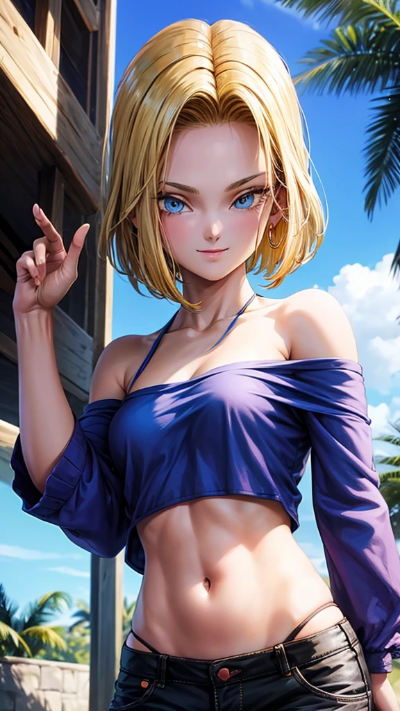 masterpiece， Highest quality， Super detailed， Absurd， Portrait Beautiful Android 18db， alone， 耳Nipple Ring， (bikini:1.5)，Inadequate clothing，gem， (Off-the-shoulder clothing:1.5)，Cleavage， Upper body close-up，smile， String， Best， cloud， Sky Sky， Daisy， outside of home，Denim Super Shorts，Highest quality， masterpiece， Intricate details， Tone Mapping， Sharp focus， Super detailed， Altstati is also in trend