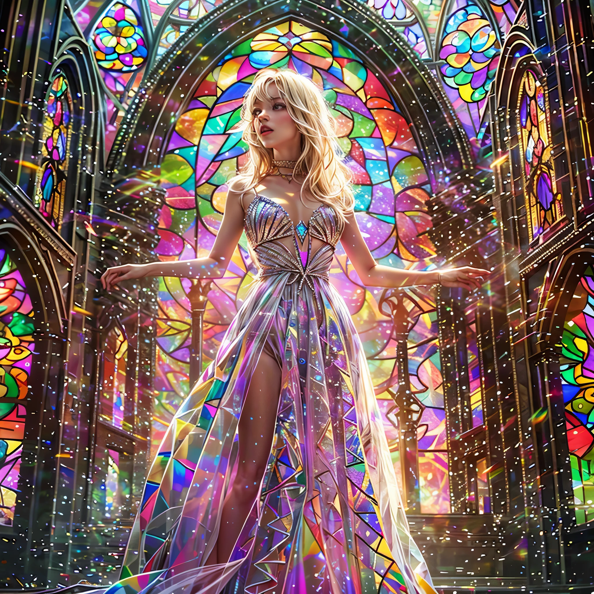 Red carpet (Cathedral from below:1.28) VolumetricLighting (FullBody ZoomedOut:1.28 Wide-shot) ZoomLayer (BokeH:1.32), TopQuality 8K masterpiece of ((Professional photo)), (((Clarisse de Cagliostro))) (Detailed Delicate White Dresses), Chain, Extremely detailed (KAWAII face) {(VeiledFace)|BlondeHair|(Spanking BuleEyes)}, The background is distant (((Elaborate stained glass))) Rainbow Glass, (MysticSight) {(GodRays)|Haze|TyndallEffect}, Radiant PearlSkin with Transparency, (Exposed:0.64)