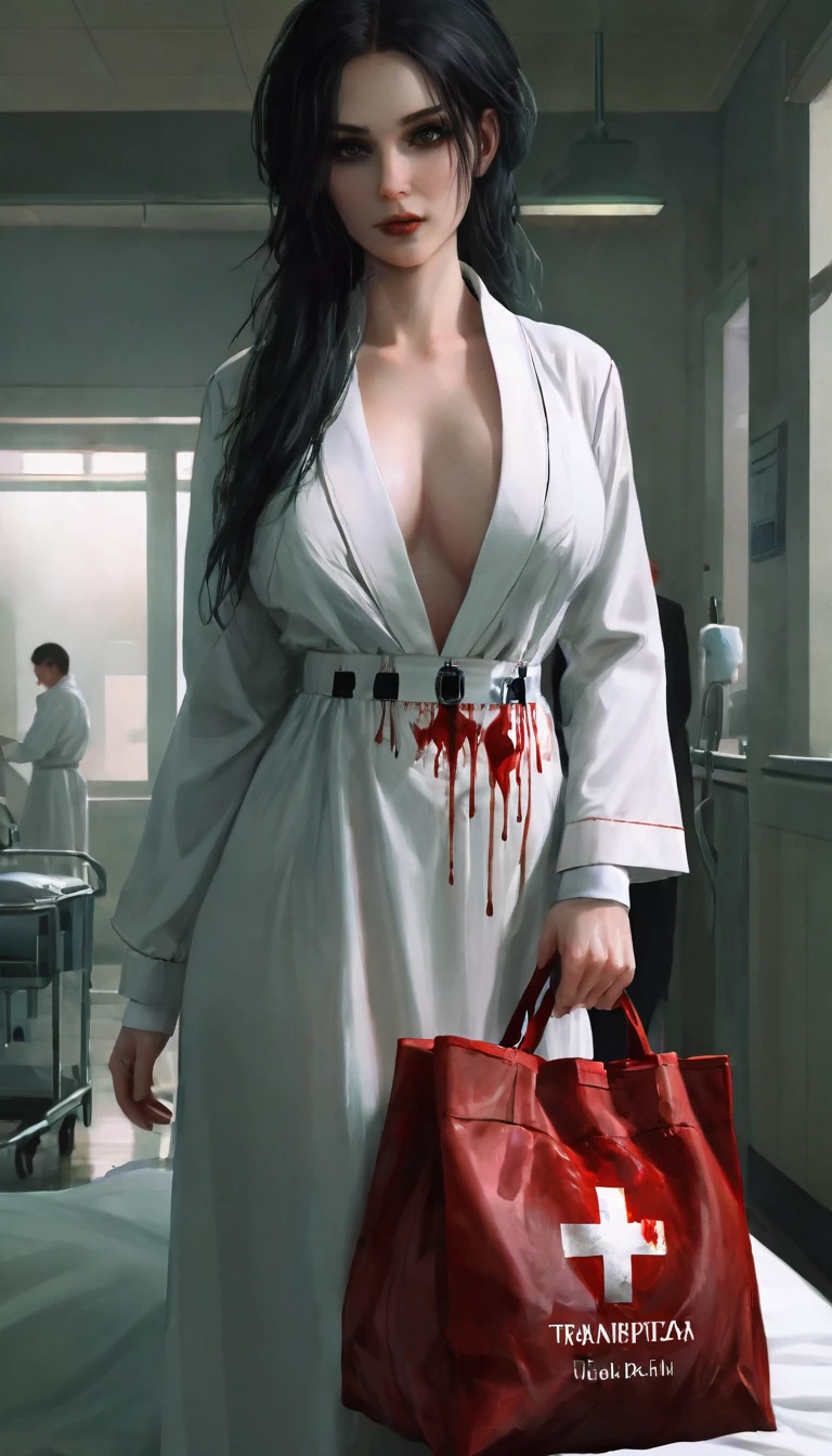 a picture of vampire nurse in a dark hospital, goth hospital, exquisite beautiful nurse, ((full body shot: 1.5)), ((anatomically correct: 1.5)), (ultra detailed face: 1.2), pale skin, dynamic hair style, dynamic hair color, wearing white silk nurse robes, white skirt,(holding blood transfusion bag: 1.3), BloodSoakedAI,  goth hospital background, dark fantasy art, goth art, Hyperrealism style, vibrant, Ultra-high resolution, High Contrast, (masterpiece:1.5), highest quality, Best aesthetics), best details, best quality, highres, ultra wide angle, 16k, [ultra detailed], masterpiece, best quality, (extremely detailed) RAW, BloodSoakedAI, Hyperrealism style