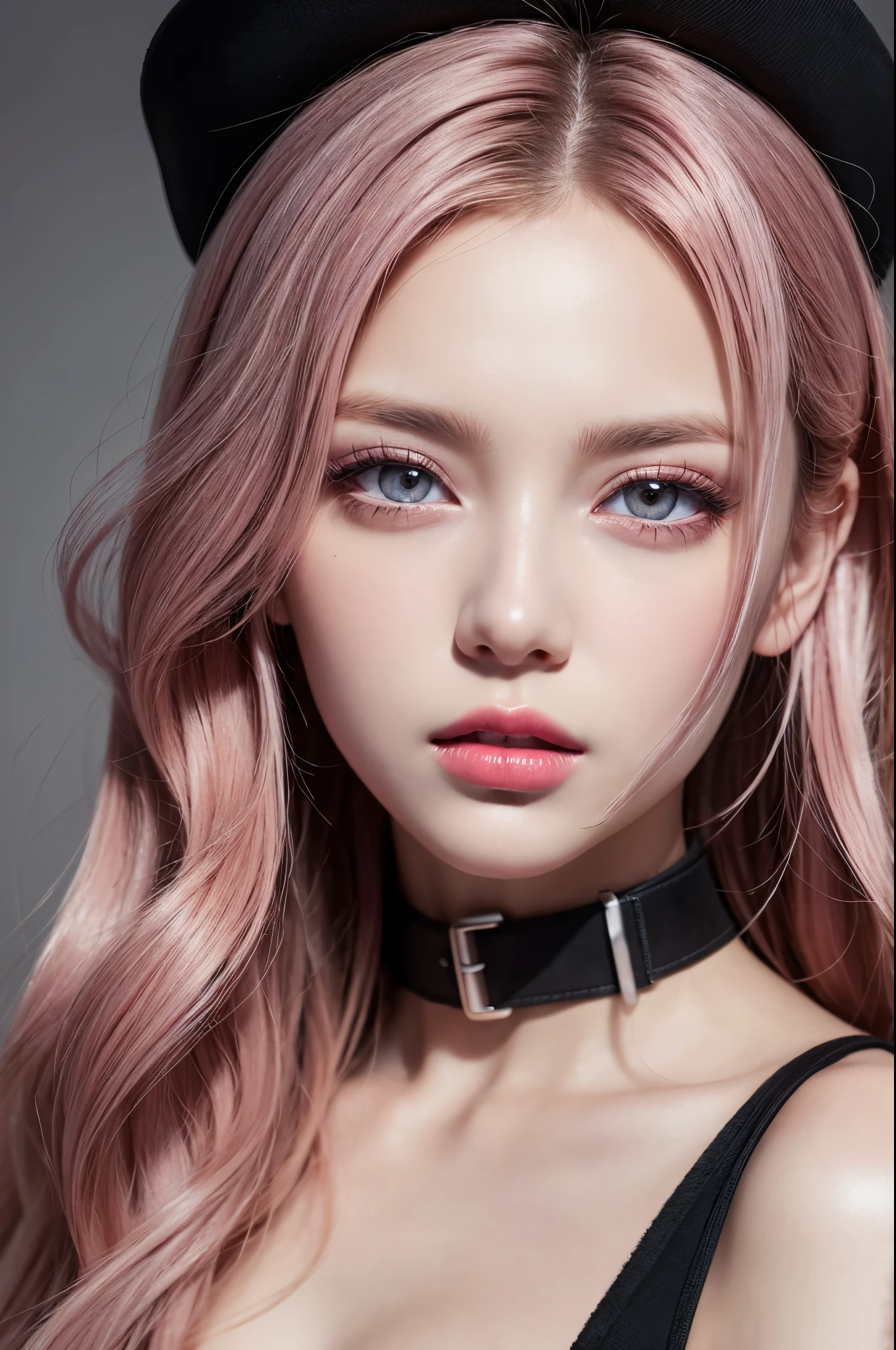 (best quality,8k,High resolution,masterpiece:1.2),Digital artwork, a girl，Detailed face，delicate eyes，pink purple hair，wavy long hair，shiny light pink eyes，red lips，Suspenders