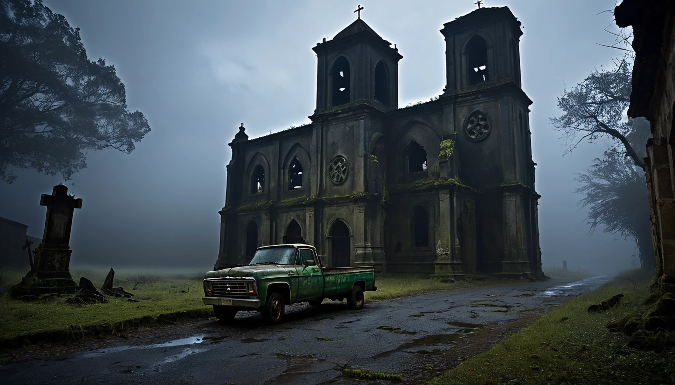 018: Create a detailed and ultra-realistic night scene in a 16:9 format featuring Juan Carlos Martínez, an experienced truck driver, reaching a climax as he spots an old abandoned church at the edge of the road. He is a middle-aged man with a rugged appearance, wearing a dark jacket, jeans, and boots. Feeling inexplicably drawn to the place, he decides to stop and investigate, hoping to find some clue that explains the strange events. The church is in ruins, with walls covered in moss and broken stained glass windows. Inside, he discovers strange symbols carved into the walls, seemingly pulsating with their own energy. The truck's headlights illuminate the eerie structure, casting long shadows through the dense fog. The scene should have a dark background, cinematic color tones, and a detailed, realistic depiction of the character and setting. The overall mood should be mysterious and ominous, with a strong contrast between the dark, foreboding atmosphere of the abandoned church and the tense, curious demeanor of Juan Carlos as he explores the ruins.