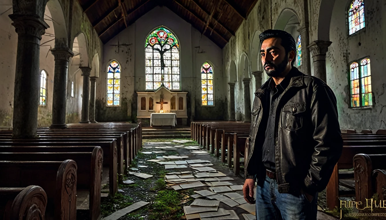 019: Create a detailed and ultra-realistic night scene in a 16:9 format featuring Juan Carlos Martínez, an experienced truck driver, exploring an old abandoned church. He is a middle-aged man with a rugged appearance, wearing a dark jacket, jeans, and boots. Inside the church, the walls are covered in moss, and broken stained glass windows let in the faint light of the truck's headlights. As Juan Carlos explores, he hears footsteps behind him and quickly turns around but sees no one. Fear begins to grip him, but he refuses to leave the church without answers. On one of the pews, he finds an old diary. Flipping through the yellowed pages, he reads accounts from a priest describing encounters with malevolent entities in the forest. The diary mentions rituals and sacrifices performed to appease the spirits, but they only served to increase their wrath. Strange symbols carved into the walls seem to pulsate with their own energy, casting eerie shadows. The scene should have a dark background, cinematic color tones, and a detailed, realistic depiction of the character and setting. The overall mood should be mysterious and terrifying, with a strong contrast between the eerie, foreboding atmosphere of the abandoned church and the tense, determined demeanor of Juan Carlos as he searches for answers.
