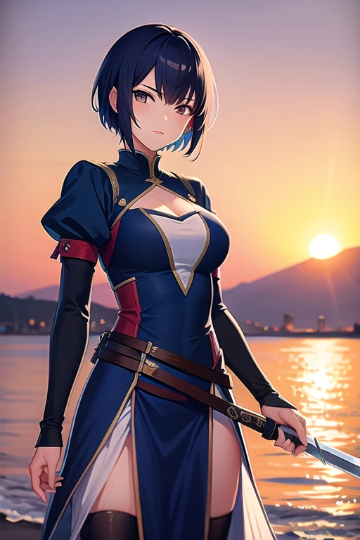 beautiful short-haired swordsman woman, sunset in the background