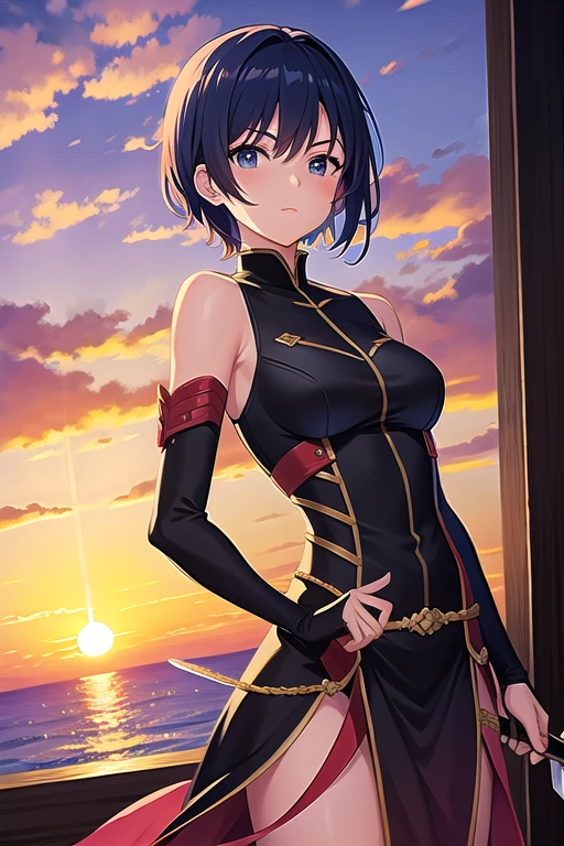 beautiful short-haired swordsman woman, sunset in the background
