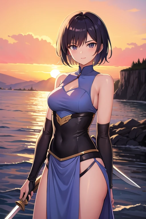 beautiful short-haired swordsman woman, sunset in the background