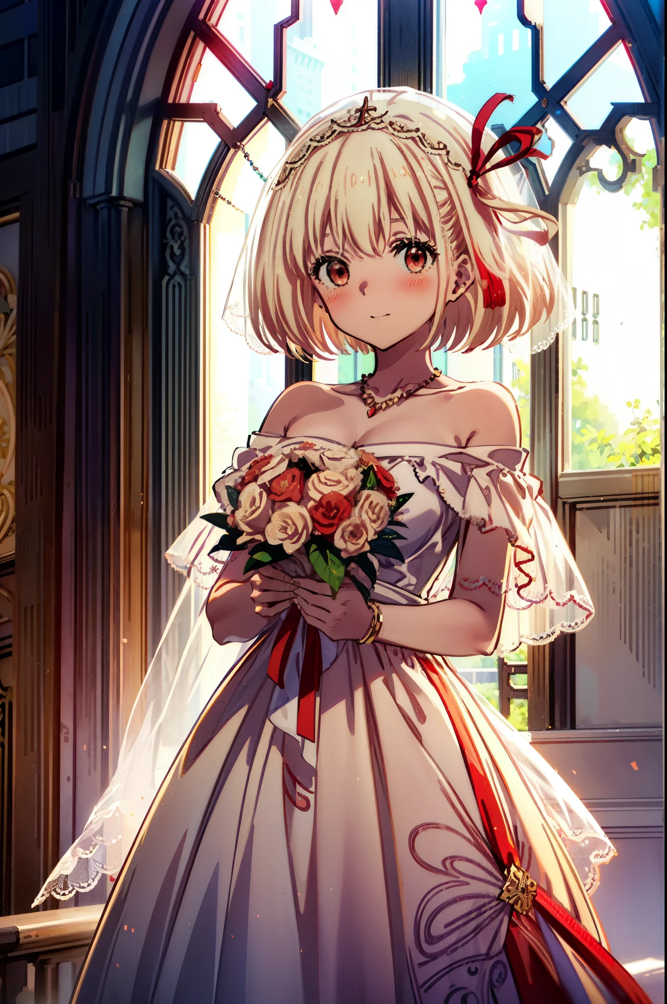 ,chisato nishikigi, short hair, bangs, Blonde, (Red eyes:1.5), hair ribbon, One side up, Bobcut,Veil,Off-the-shoulder wedding dresses,necklace,Veil,wedding long skirt,Holding a bouquet in both hands,smile,blush,So that the whole body goes into the illustration,Daytime,Clear skies,
break indoors, Chapel,church,
break looking at viewer, Upper Body,(Cowboy Shot:1.5),
break (masterpiece:1.2), Highest quality, High resolution, unity 8k wallpaper, (figure:0.8), (Beautiful attention to detail:1.6), Highly detailed face, Perfect lighting, Highly detailed CG, (Perfect hands, Perfect Anatomy),