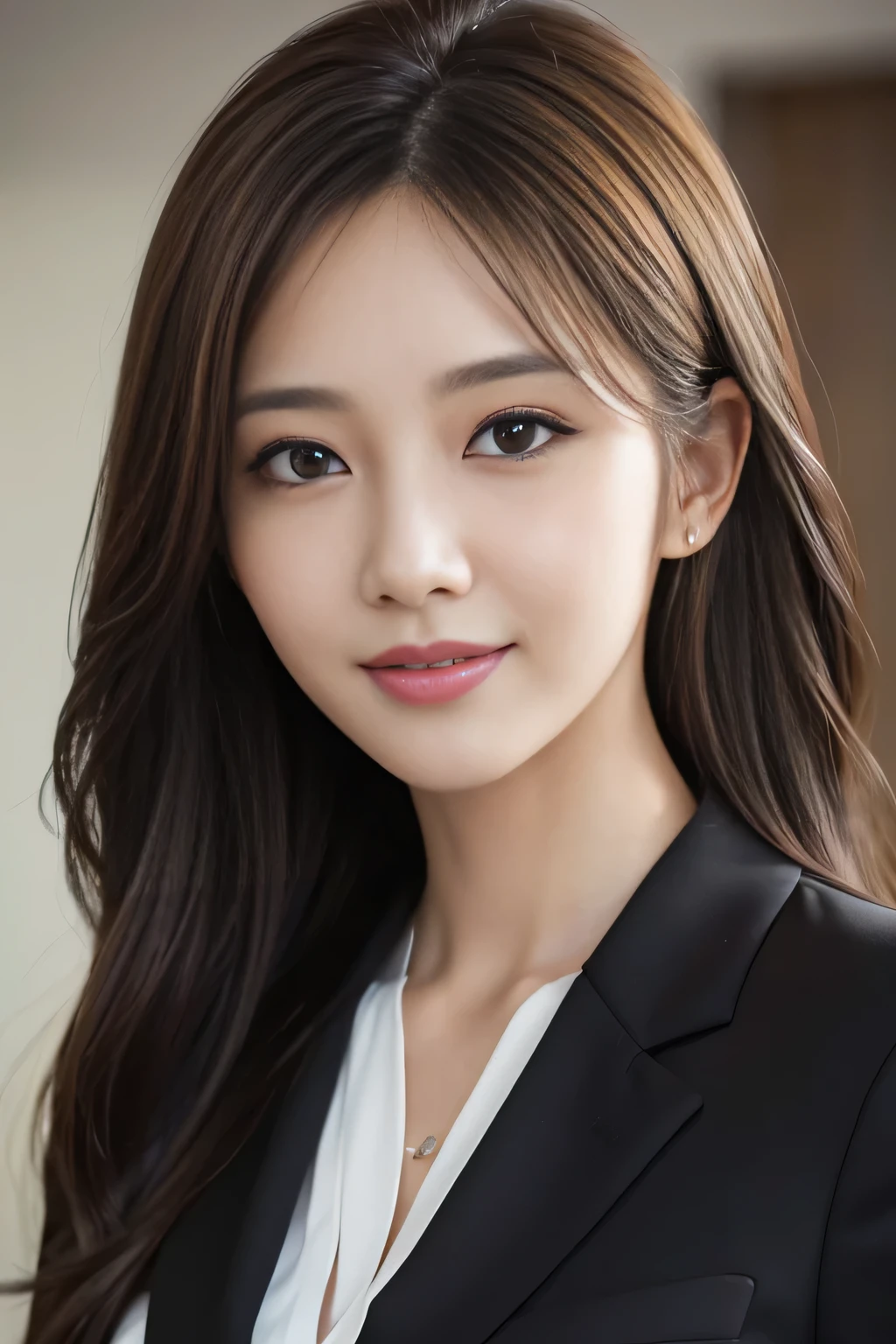 masutepiece, Best Quality, Photorealistic, Ultra-detailed, finely detail, High resolution, 8K Wallpaper, 1 beautiful woman,, light brown messy hair, in a business suit, foco nítido, Perfect dynamic composition, Beautiful detailed eyes, detailed hairs, Detailed realistic skin texture, Smiling, Close-up portrait, Model body type