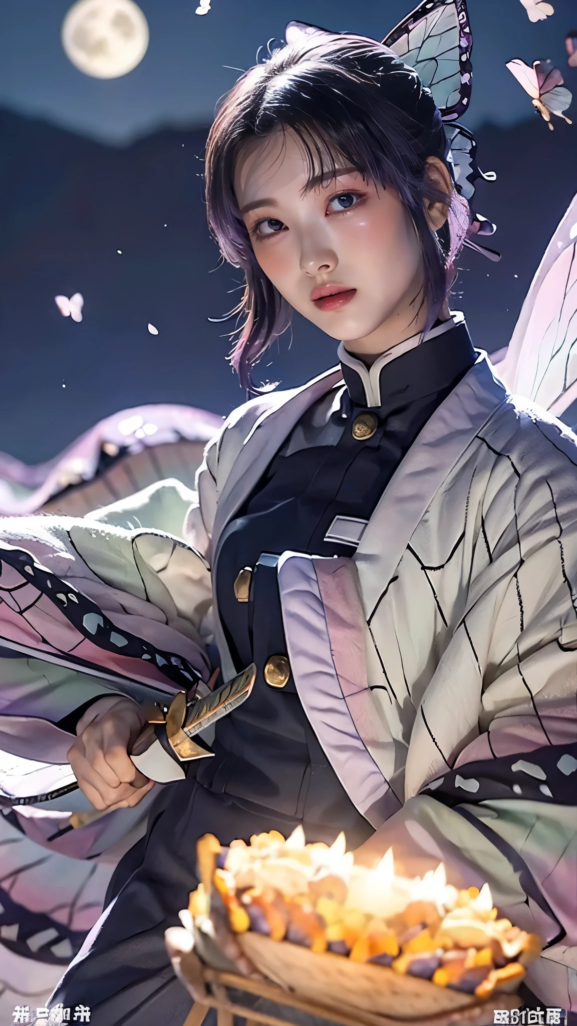 Moisturized skin, (purple eyes: 1.4), perfect body, (adult female body), embarrassed expression, shy, shy, does not make eye contact,
BREAK,
,bright red lipstick,
BREAK,
(long bangs at both ends: 1.2),(purple tips),
BREAK,
((masterpiece+best quality+high resolution+highly detailed)), (full body: 1.2),symmetrical, one shot,
BREAK,
(butterflies fluttering), (wind blowing),(battle stance: 1.4),((big full moon in the sky)),
BREAK,
(Kocho Shinobu: 1.3),dignified,